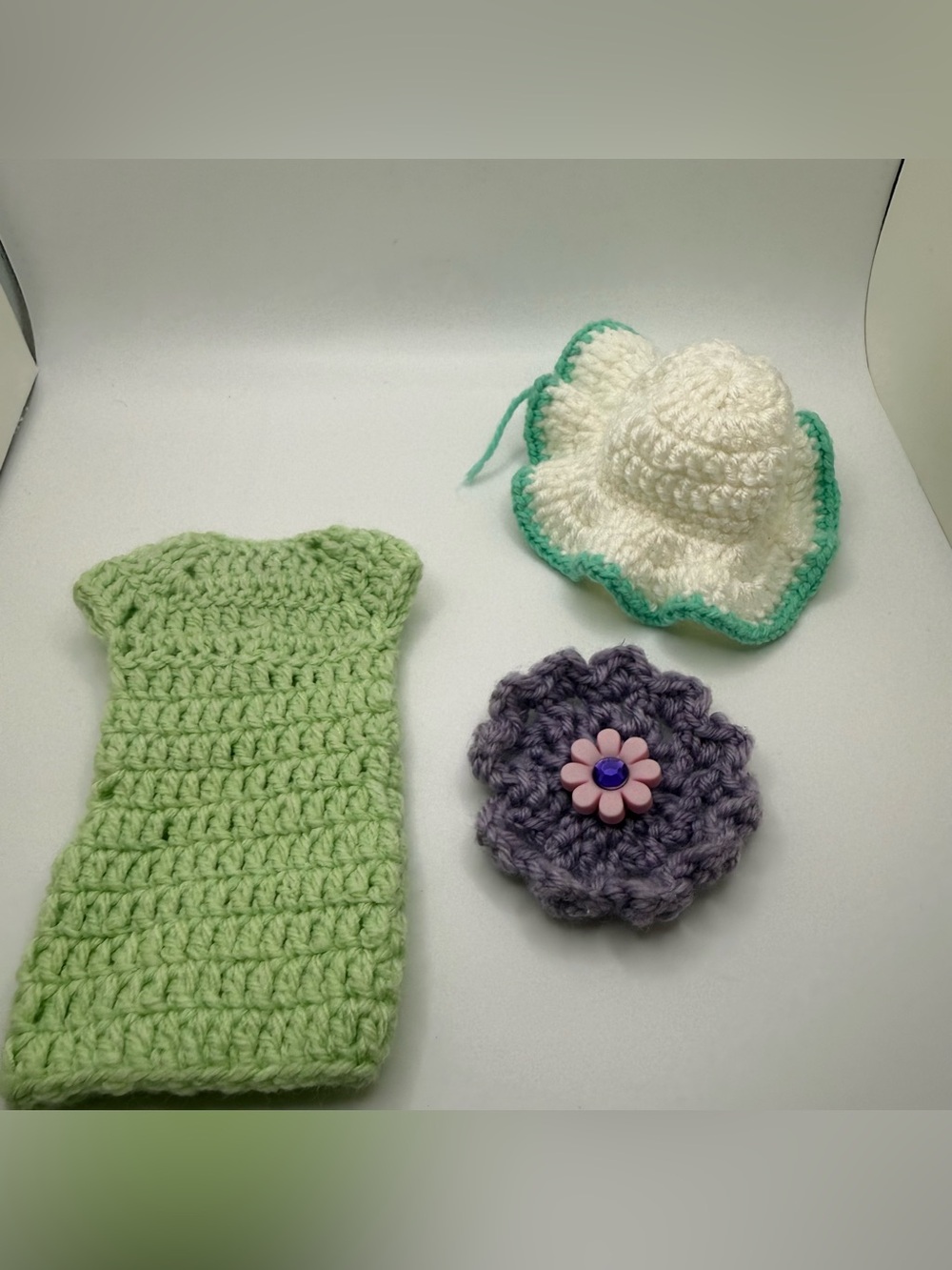 Handmade Crochet Doll Clothes Lot Dress Sun Hat Flower Hat Barbie Size